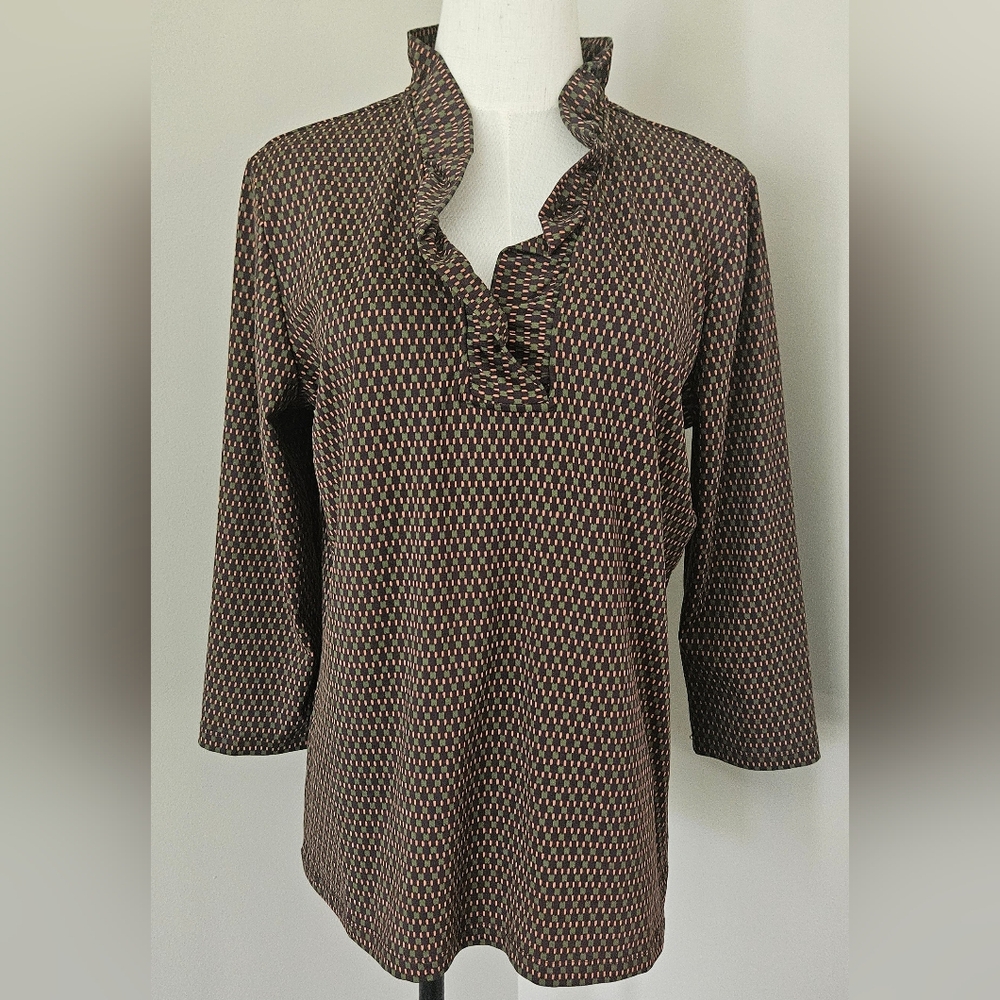 NWT J. McLaughlin Women's Durham Ruffle Top: 3/4 Seeve: Brown Olive: Size-S & XL